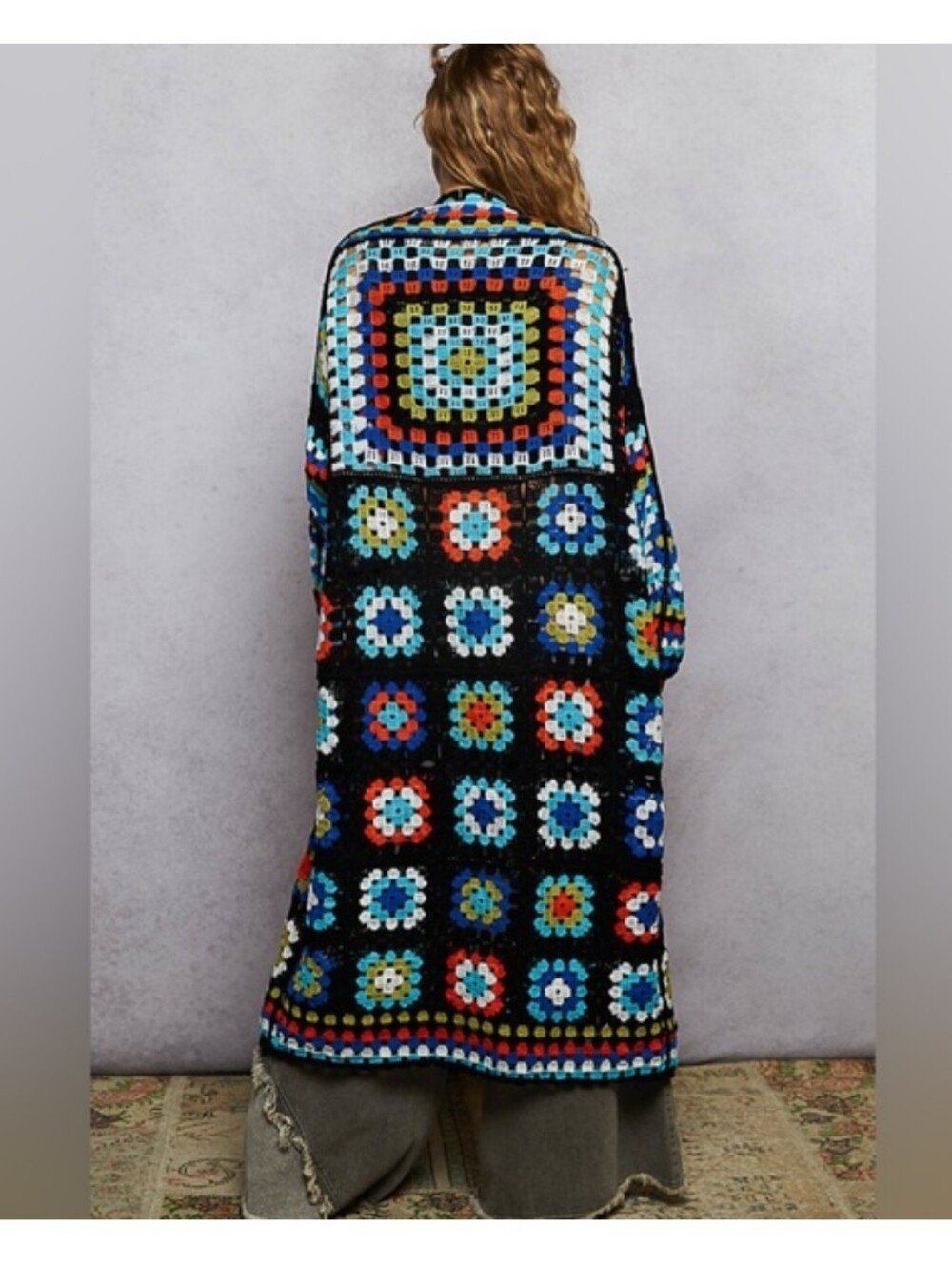 POL Crochet Maxi Cardigan - Black with Multicolor Floral Squares Granny Square - Picture 2 of 6